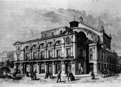 Horse powered omnibuses parked in front of the Theatre of Rheims in 1873
