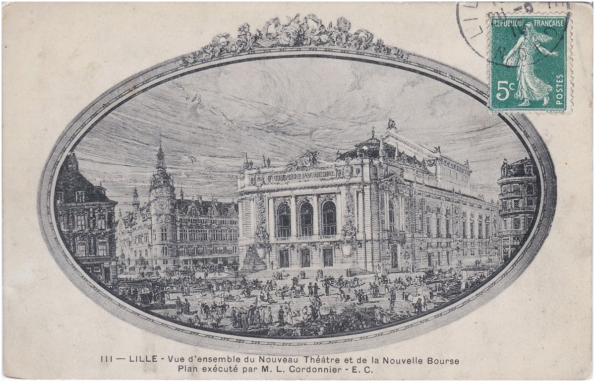Architectural drawing of the facades of the new Bourse and new Théâtre in Lille, France by Louis Marie Cordonnier