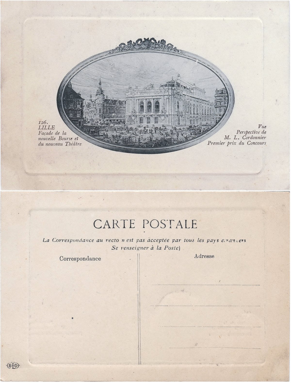 Façades of the new Stock Exchange and new Theatre in Lille, France, architectural perspective drawing by Louis Marie Cordonnier