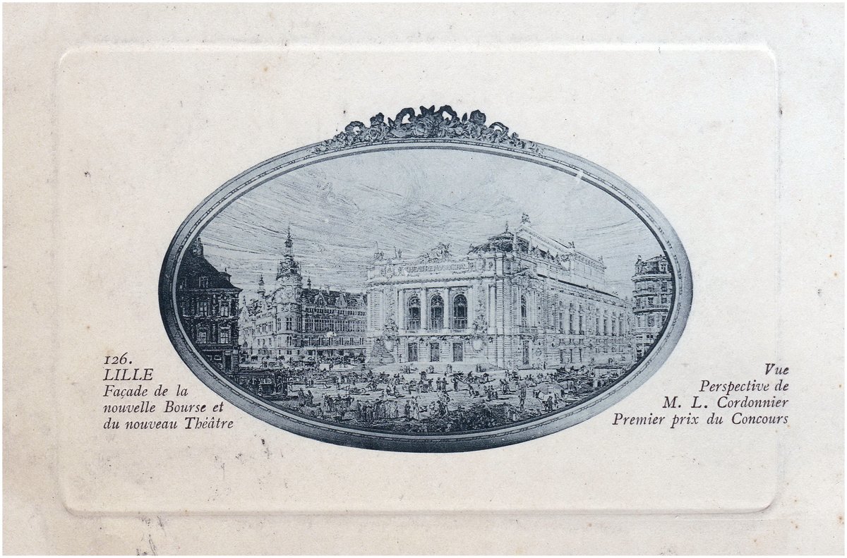 Facade of the new Bourse and the new Theatre in Lille, France, architectural drawing by Louis Marie Cordonnier