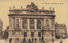 Early 20th-century black and white photo of Théâtre de Lille under construction with tramway station in front and partially damaged surrounding buildings