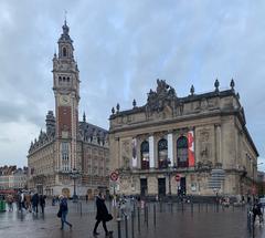 Beffroi de la chambre de commerce on the left and the opera house of Lille on the right