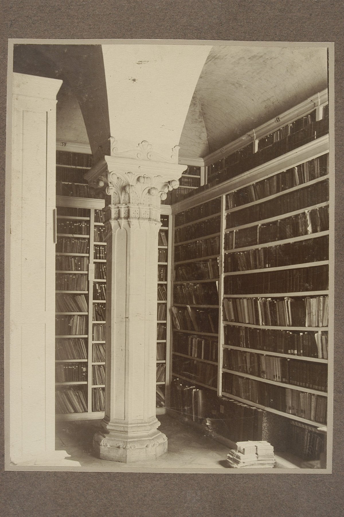 Interior view of the library hall with a classical column in the Krasiński Family Library at the Czapski Palace in Warsaw