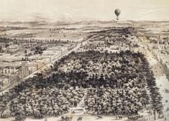 Historical view of La Alameda de México in 1855 showing people and horse carriages