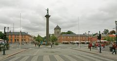Torget square in Trondheim with colorful buildings and outdoor seating