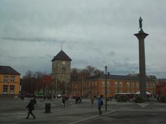 Torvet main square in Trondheim with Vår frue church, Hornemansgården, and St.Olav's column