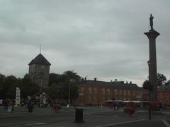 Central square in Trondheim city with historic buildings and open space