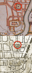 Section of city plans of Trondheim, Norway before and after the great fire of 1681 with Our Lady's church highlighted