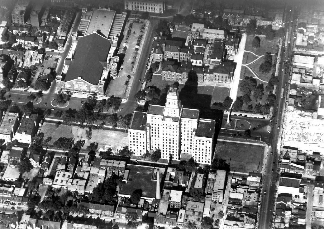 Aerial view of Canada Life Building, Queen Street and University Avenue in Toronto, Ontario, Canada, looking east with University Avenue Armories and Osgoode Hall visible across University Avenue