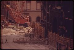 Subway construction site near St. Stephens Cathedral with cranes and construction equipment