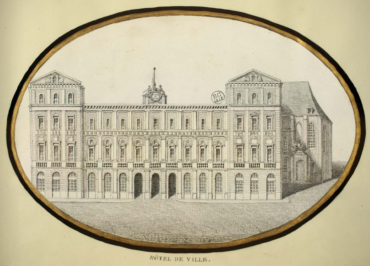 Illustrated plate from Album Lillois by Baron showing artistic scenes of Lille
