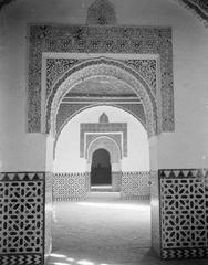 Arabesque style arches inside the Alhambra Palace in Granada, Spain