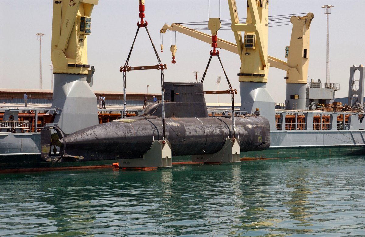 Royal Danish Navy submarine HDMS Saelen lifted aboard German vessel Grietje in Manama, Bahrain