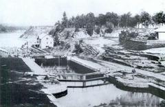 Rideau Canal locks and Major's Hill in Ottawa, Canada in 1861 with historic buildings and canal infrastructure