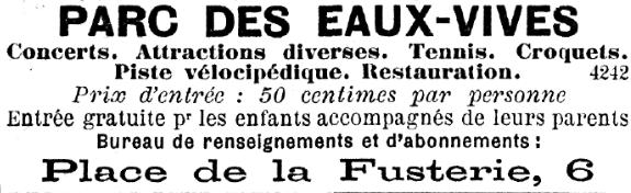1898 advertisement for Eaux-Vives Park attractions in Geneva