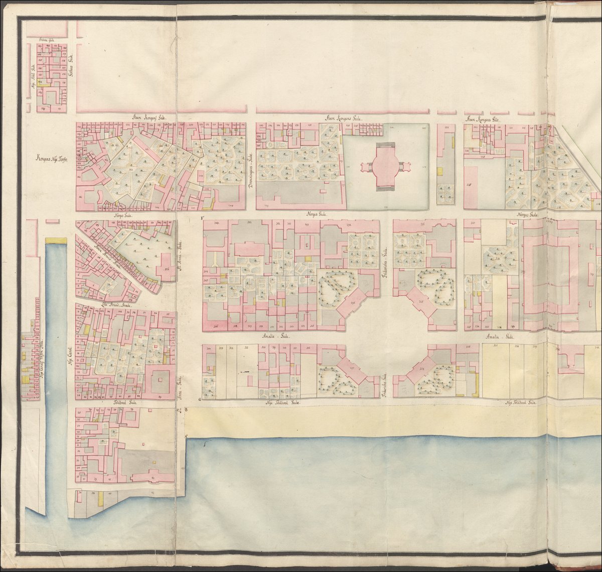 Christian Gedde's 1757 map of Sankt Annæ Øster Kvarter in Copenhagen, Denmark