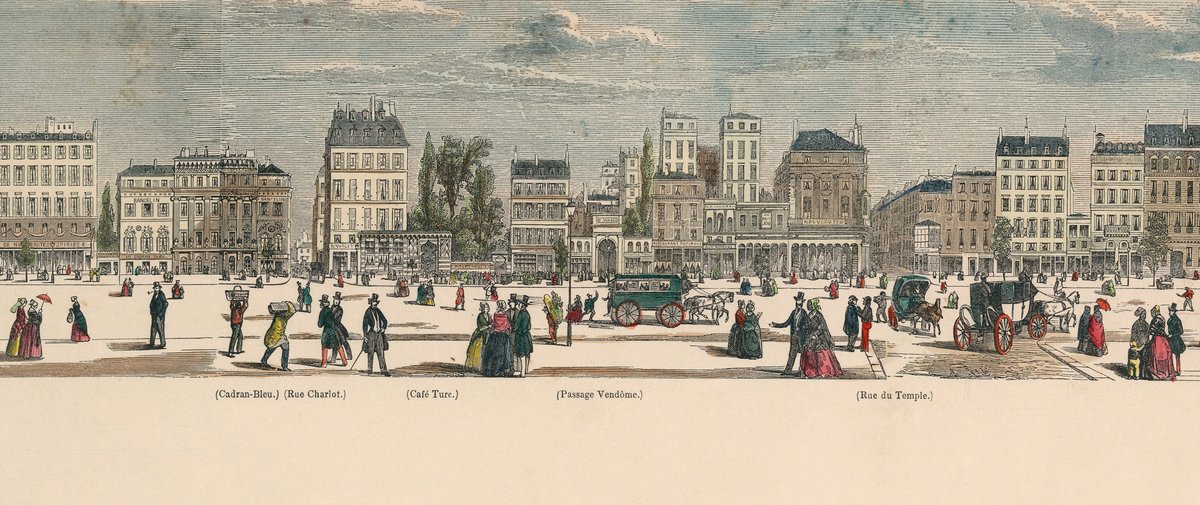 Panoramic wood engraving of Paris boulevards with detailed colored facades and labeled streets