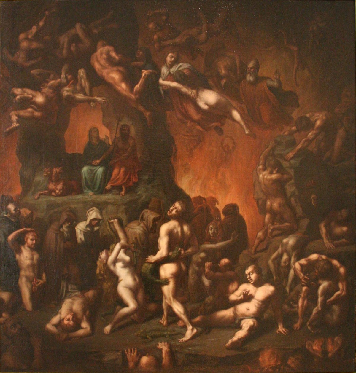 Historical painting depicting scenes of hellfire and suffering in a vivid and dramatic style