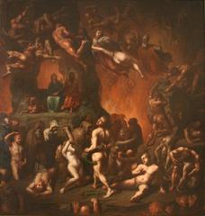 Historical painting depicting scenes of hellfire and suffering in a vivid and dramatic style