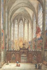 Interior scene of a cathedral with people and architectural details
