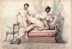 Painting by Paul Chenavard titled Menage A Trois depicting three individuals in classical styled artwork