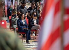U.S. Ambassador to Albania Yuri Kim sitting at opening ceremonies in downtown Mother Teresa Square, Albania, May 23, 2021