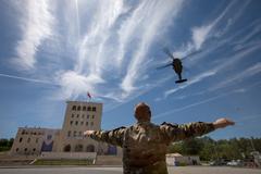 UH-60 Blackhawk helicopter landing in Mother Teresa Square, Tirana during DEFENDER-Europe 21 joint military display