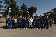 Florida Army National Guard Soldiers stand in formation with the Albanian National Judo Team on May 23, 2021 during Immediate Response 21 exercise