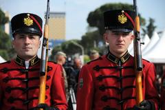 Soldiers from the Albanian Republican Guard marching in Mother Teresa Square Tirana during DEFENDER 23 exercise May 2023