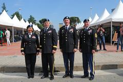 U.S. and New Jersey National Guard senior military leaders posing at Mother Teresa Square during DEFENDER 23 exercise in Tirana