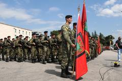Albanian Armed Forces soldiers in formation at Mother Teresa Square Tirana during DEFENDER 23 exercise May 22 2023