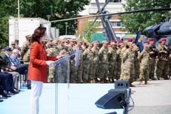 U.S. Ambassador Yuri Kim addressing visitors at DEFENDER 23 event in Mother Teresa Square Tirana