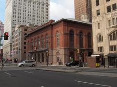 American Academy of Music historic building at southwest corner of Broad and Locust Streets in Philadelphia with adjacent Meriam Theater and Atlantic Building