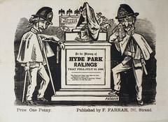 Satirical print of the funeral for Hyde Park railings after 1866 Reform League protest with mournful policemen and hearse