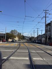 Streetcar tracks on San Jose Avenue at Balboa Park station in San Francisco