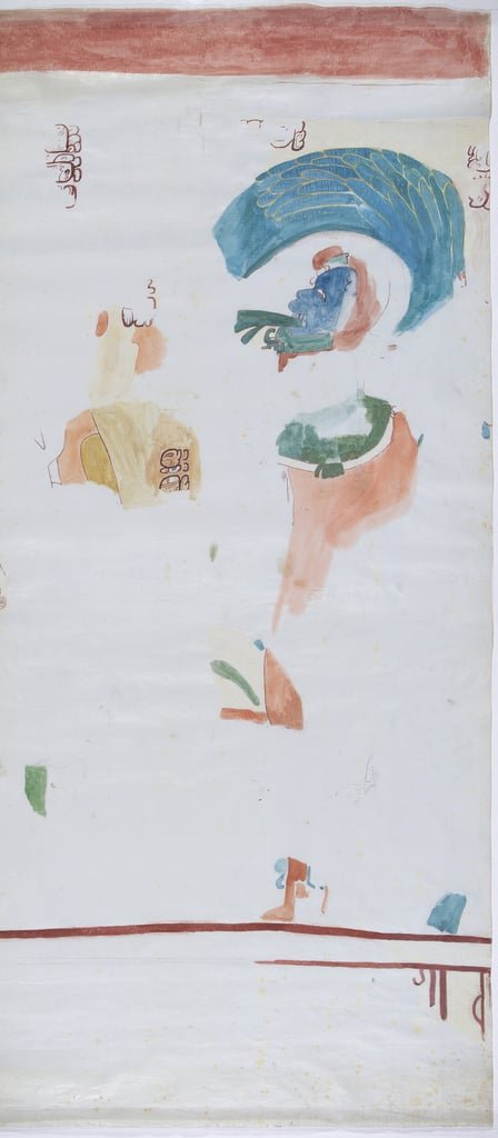 Copy of a 7th century painted Maya wall art from Acanceh Mexico with pencil lines and watercolors