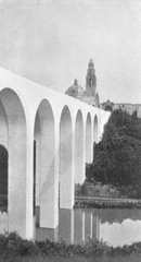 Cabrillo Bridge and Laguna del Puente with water lilies and surrounding grasses at the 1915 Panama-California Exposition, Balboa Park, San Diego