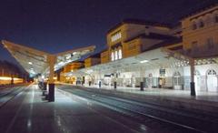 Night view of Vitoria Adif station illuminated with lights