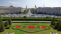 View of Constitution Square in Bucharest with the Palace of the Parliament and intersecting boulevards