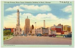 Historic Chicago Avenue Water Tower with Palmolive Building in the background in Chicago, Illinois