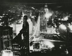 Downtown Chicago skyline at night in August 1956