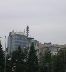 Alpha Bank and Petrom branches in Bucharest Charles de Gaulle Square with National Television building in background