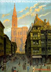 Vintage Chemins de Fer Alsace Lorraine travel poster featuring Strasbourg Cathedral