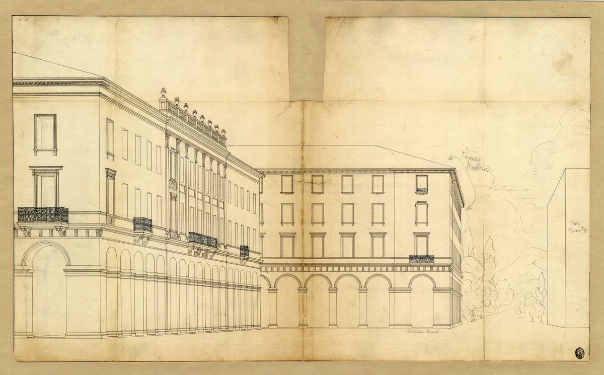 Historic perspective view of Place Masséna in 1854 showing the Consiglio d'Ornato with the Banque building and surrounding vegetation