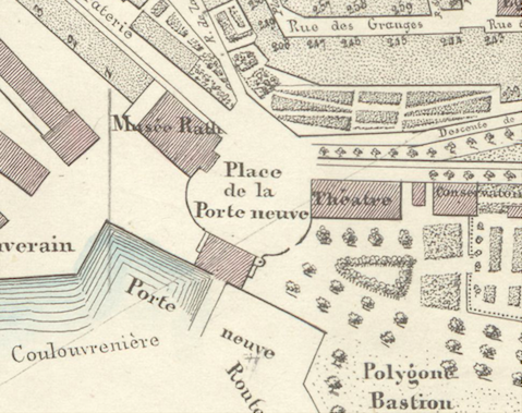 Detail of an old map of Geneva showing Porte de Neuve building before its demolition in 1853