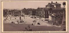 Historical view of Place Neuve and theater conservatory in Geneva during the 1896 National Exhibition