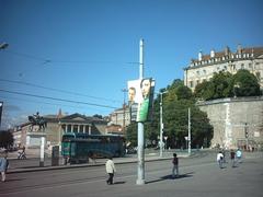 Place Neuve square in Geneva, Switzerland with historic buildings and people walking