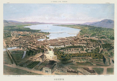 Historic view of Geneva city in 1858 chromolithograph by Alfred Gueson