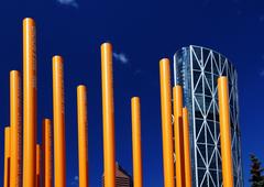 Art installation of orange PVC pipes resembling aspen tree trunks in Olympic Plaza celebrating City of Calgary Parks 100th Anniversary