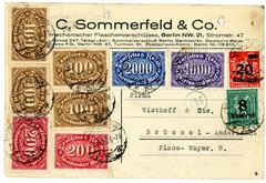 Commercial postcard from C. Sommerfeld & Co. with 10 stamps cancelled in Berlin NW on 31 August 1923